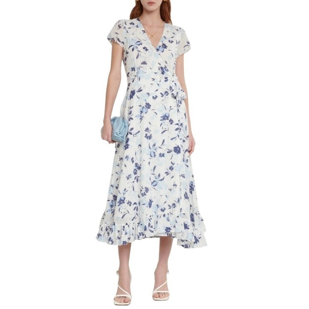 Polo Ralph Lauren Wrap Dress Floral Midi White Cotton Midi Cottagecore Preppy 10 - Picture 1 of 16